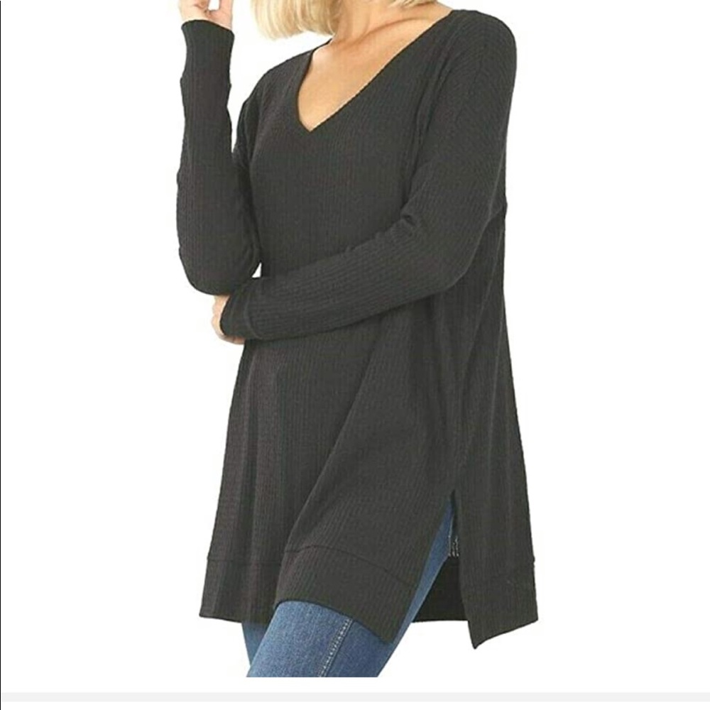 Black waffle weave long sleeve top